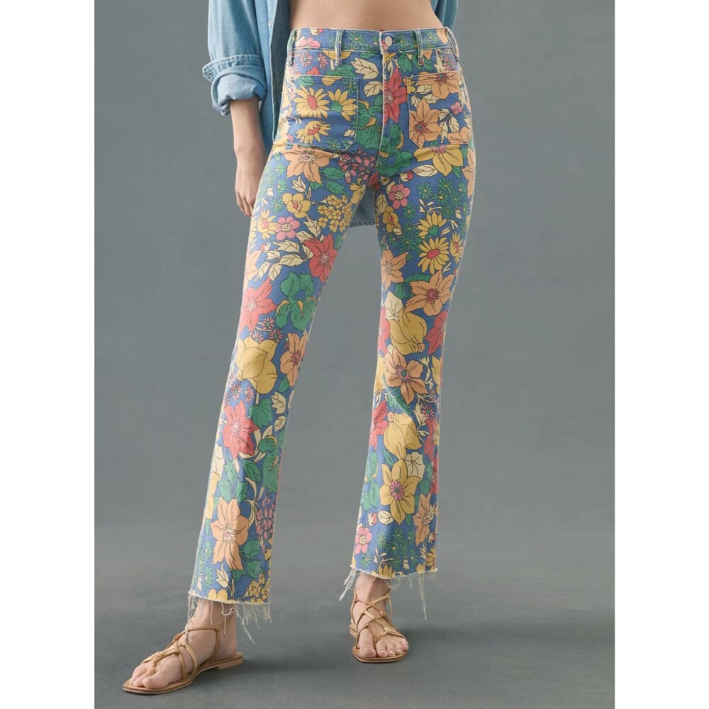Mother Hustler Patch Pocket Ankle Jeans Floral Womens 26 Boho Fray Crop Boho Mod